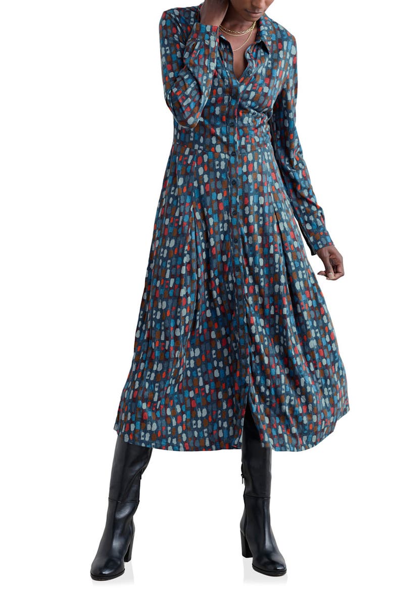 Coastline Print Long Sleeve Organic Cotton Blend Shirtdress, Main, color, DYE STROKES DARK LUGGER