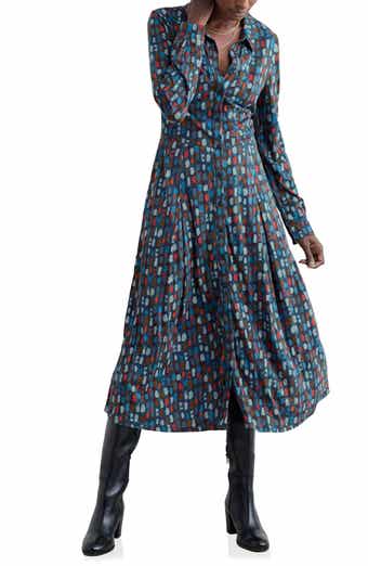 Coastline Print Long Sleeve Organic Cotton Blend Shirtdress