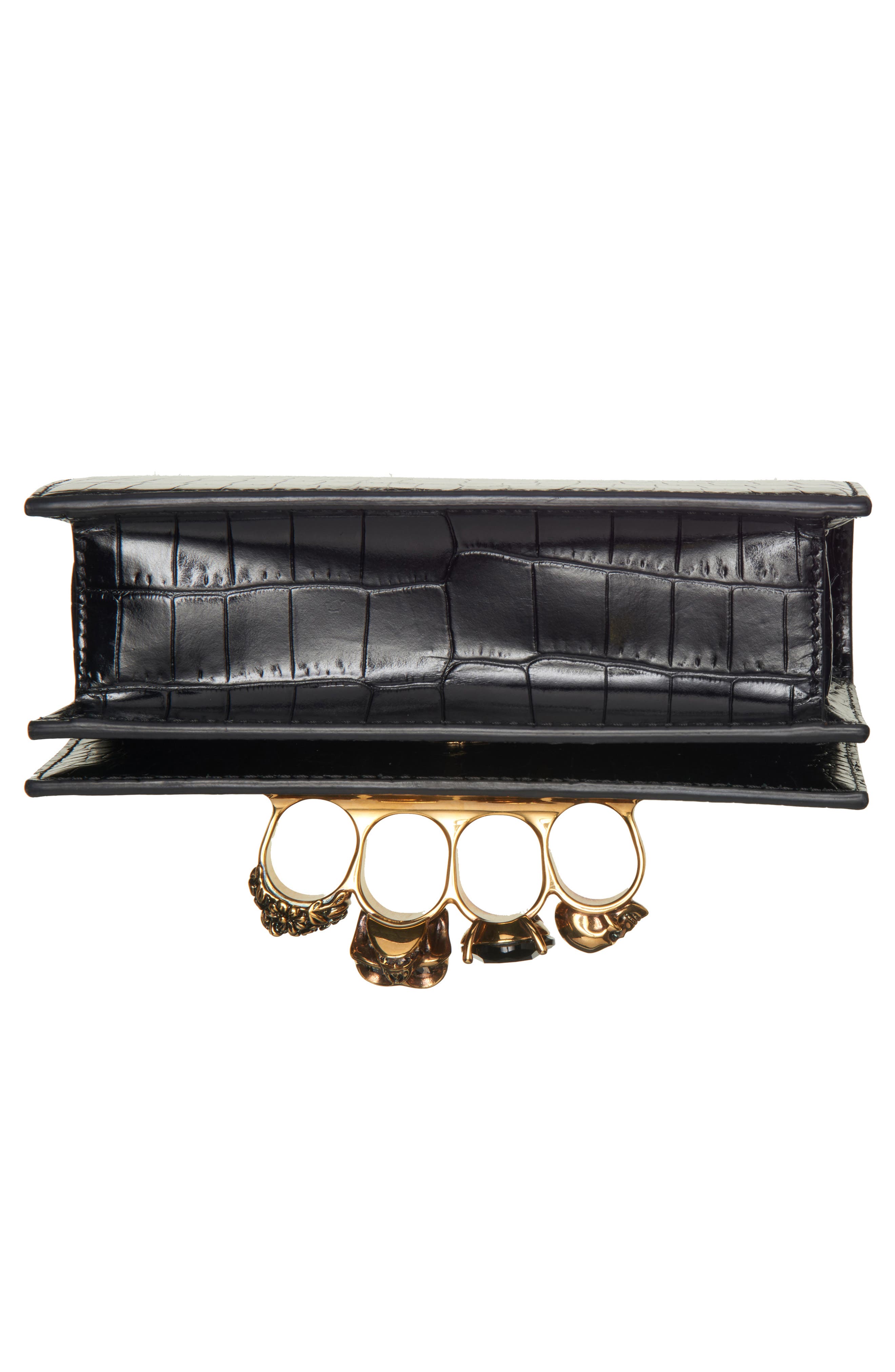 McQueen Alexander McQueen Jewelled Knuckle Croc Embossed Leather Crossbody Bag, Alternate, color, Black/ Gold