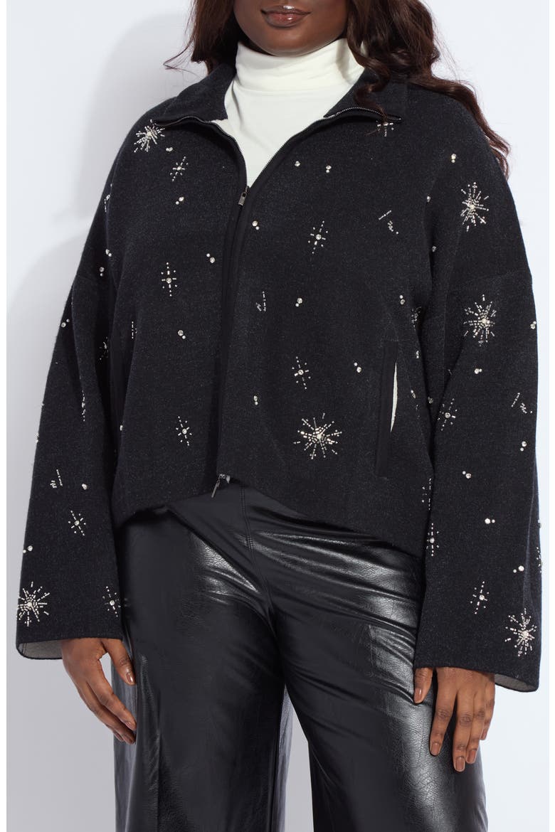 Scottie Crystal & Faux Pearl Embellished Knit Jacket, Main, color, CHARCOAL/ LIGHT PEWTER