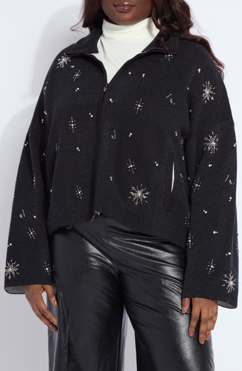 Scottie Crystal & Faux Pearl Embellished Knit Jacket (Plus)