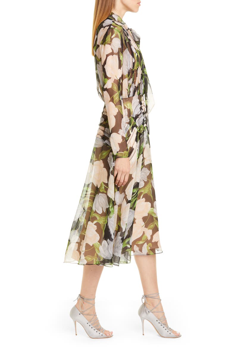 Floral Silk Long Sleeve Midi Dress, Alternate, color, BLACK/ NUDE