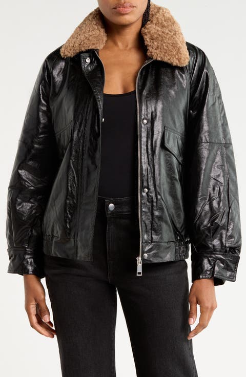 Faux Leather Bomber Jacket with Faux Shearling Collar