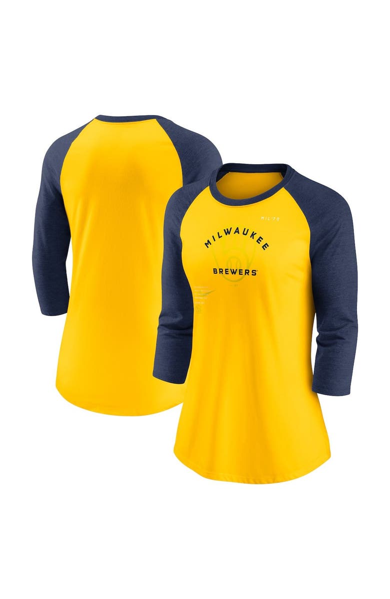 Nike Women's Nike Gold/Navy Milwaukee Brewers Next Up Tri-Blend Raglan 3/4-Sleeve T-Shirt, Main, color, Gold