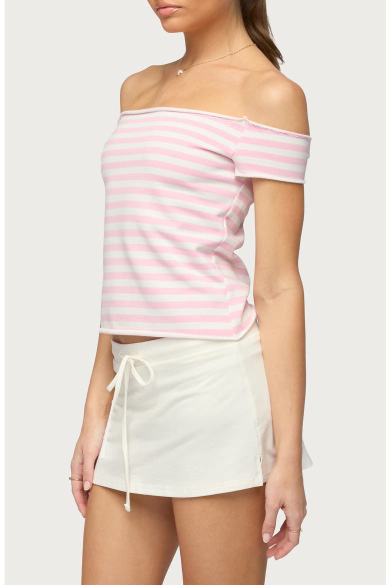 Stripe Off the Shoulder French Terry Top, Alternate, color, PINK-AND-WHITE