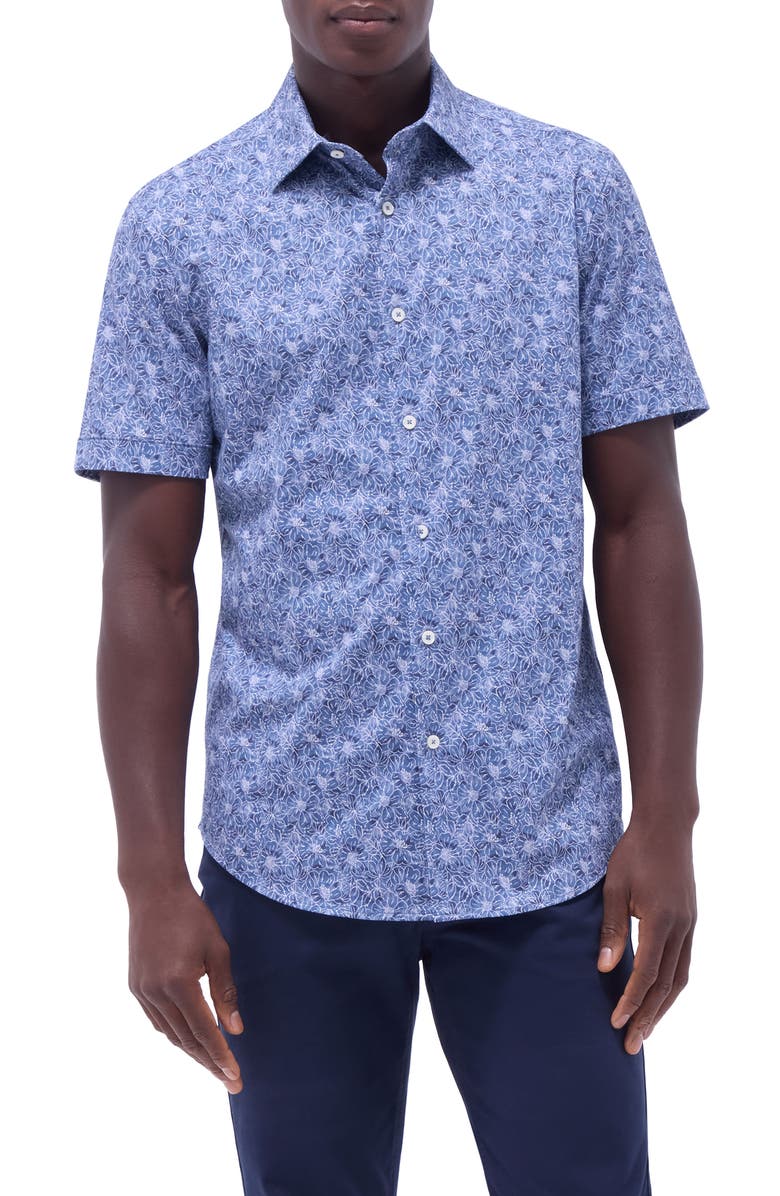 Bugatchi Miles OoohCotton<sup>®</sup> Floral Short Sleeve Button-Up Shirt, Main, color, Steel