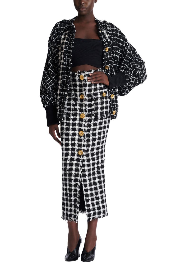 Long gingham tweed skirt, Alternate, color, black