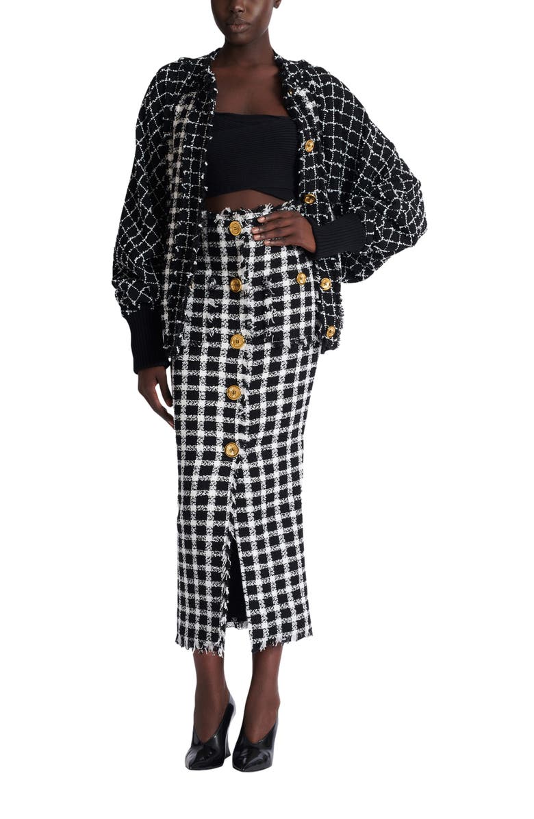 Balmain Long gingham tweed skirt, Alternate, color, Black