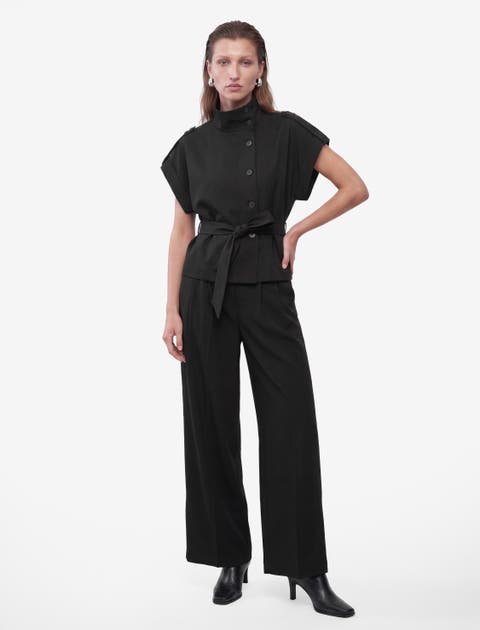 Funnel Neck Short Sleeve Shirt With Belt