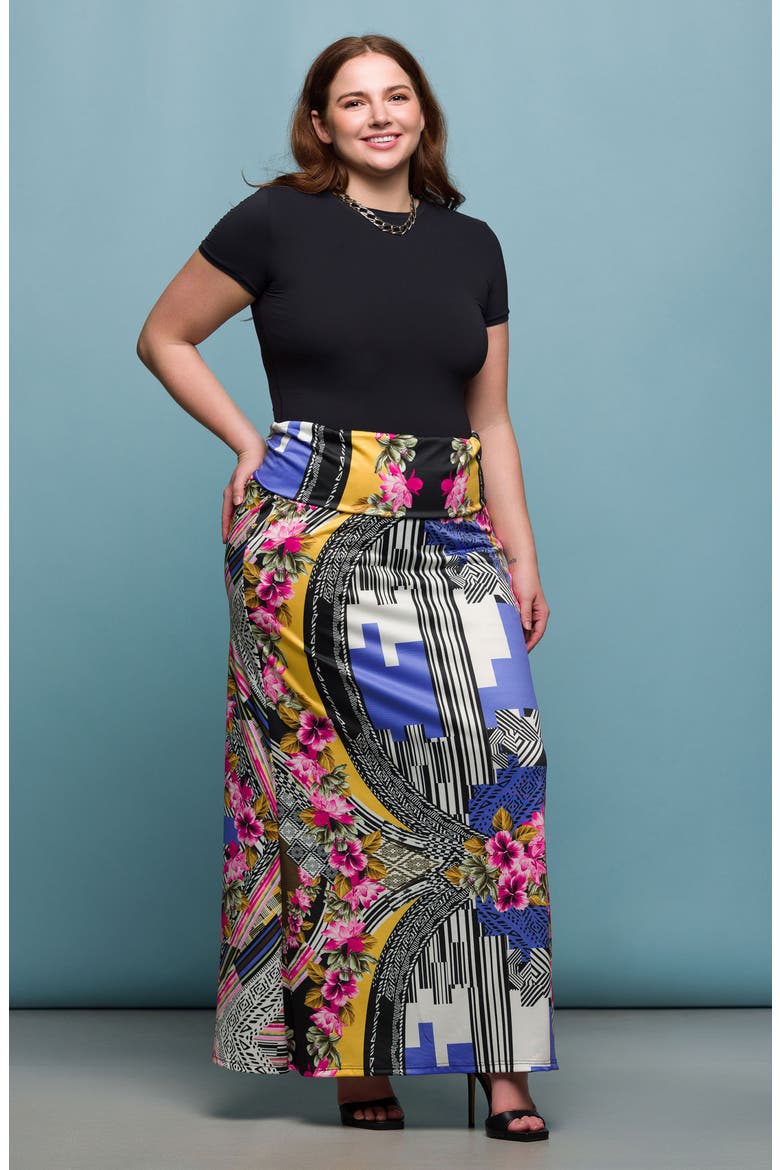 Print Foldover Waist Maxi Skirt, Alternate, color, BLUE MULTI