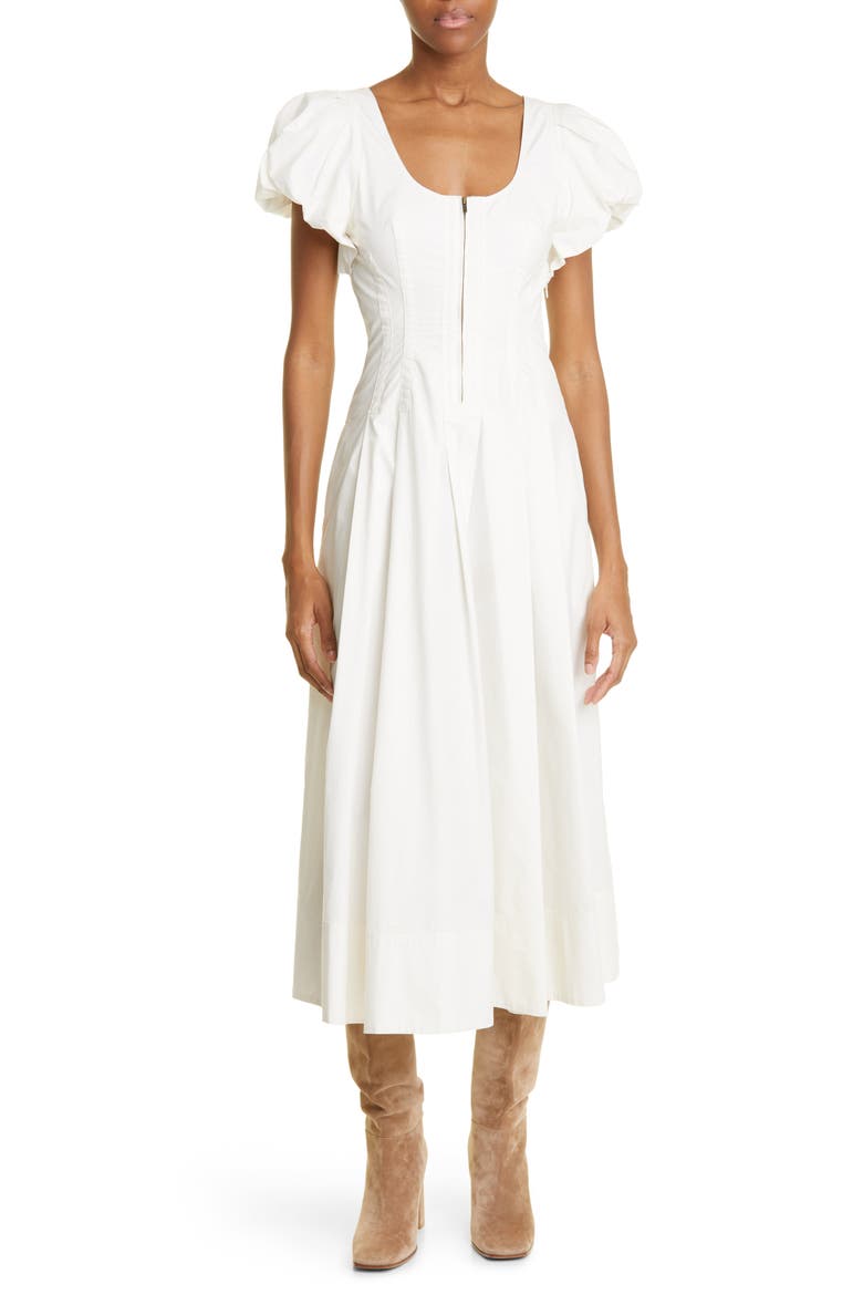 Malie Puff Sleeve Cotton Midi Dress, Main, color, BONE