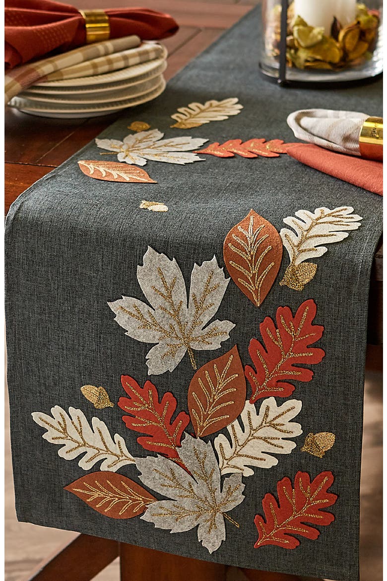 Autumn Leaves Embroidered Table Runner, Alternate, color, GRAY