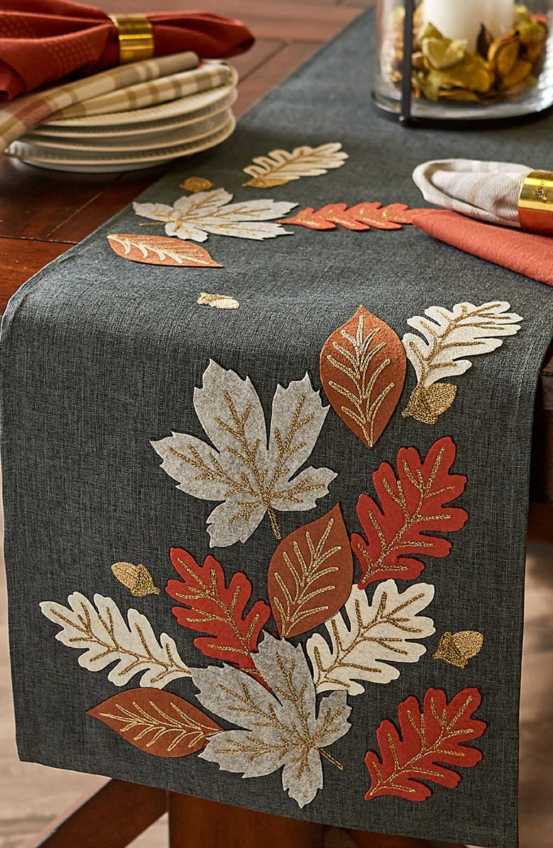 Design Imports Autumn Leaves Embroidered Table Runner, Alternate, color, Gray