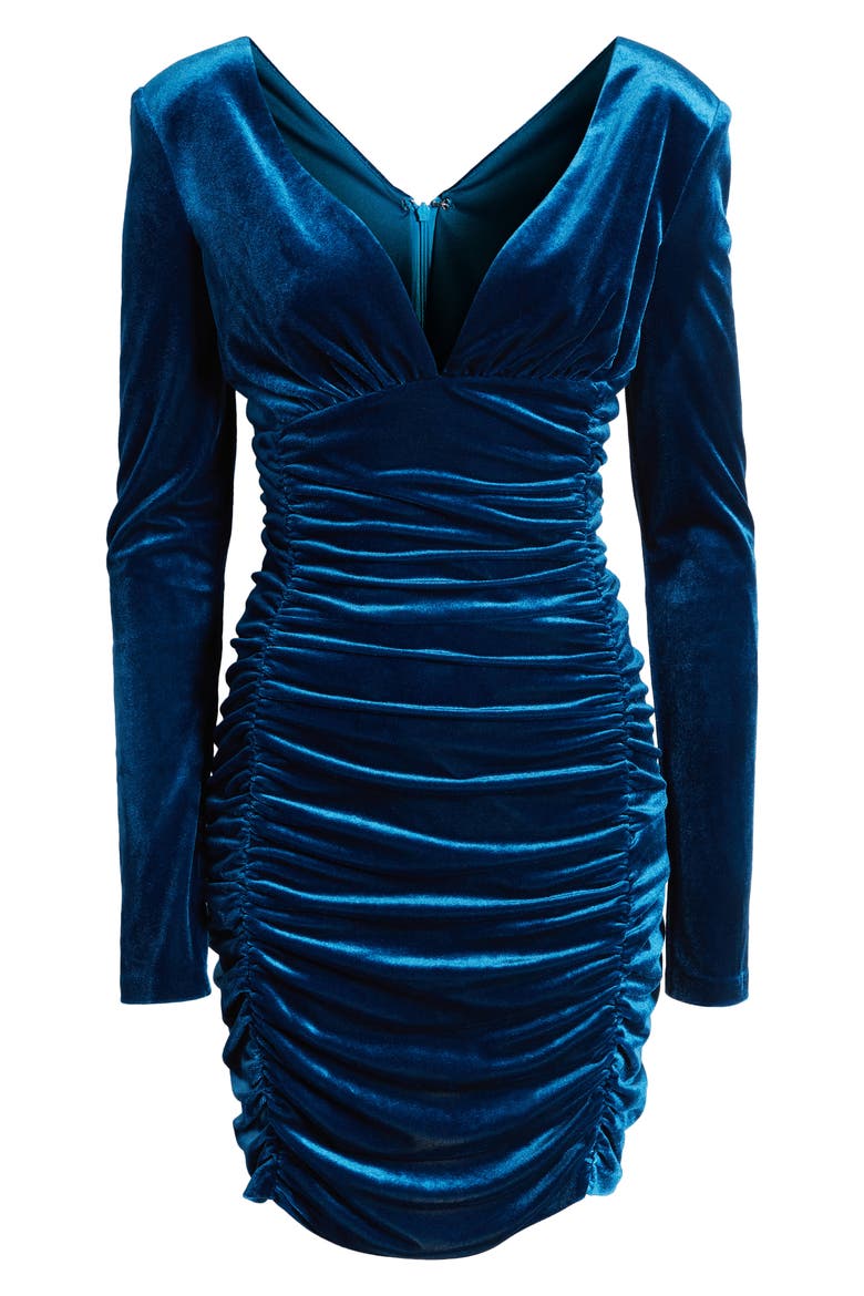 Long Sleeve Ruched Stretch Velvet Cocktail Dress, Alternate, color, PEACOCK
