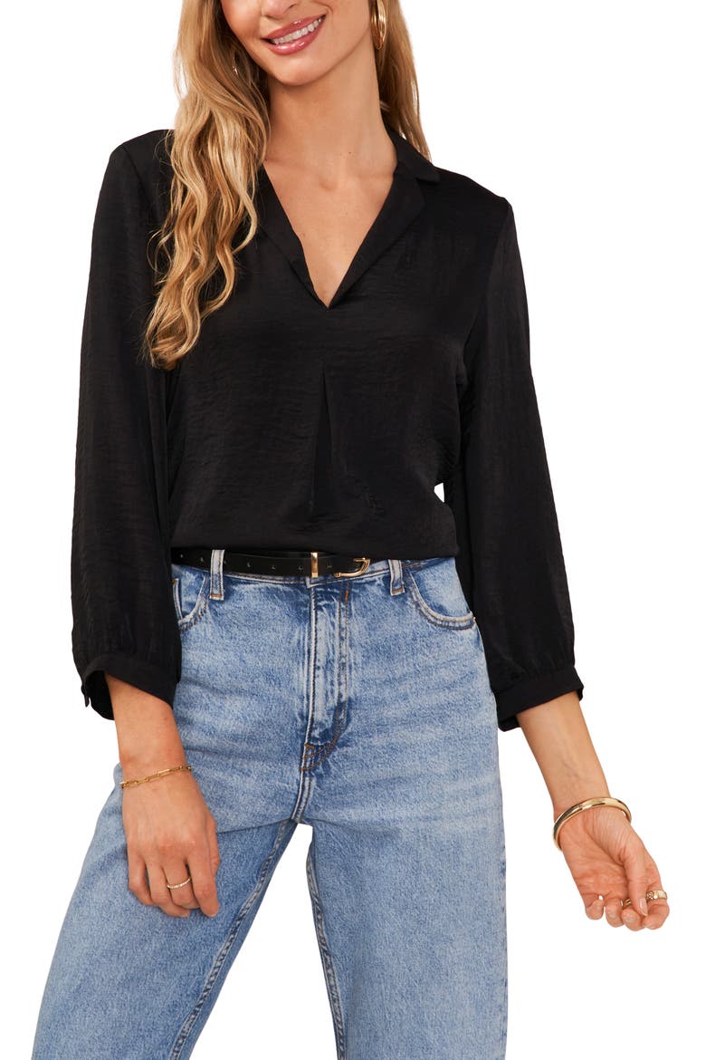 Pleat Front Satin Shirt, Main, color, RICH BLACK