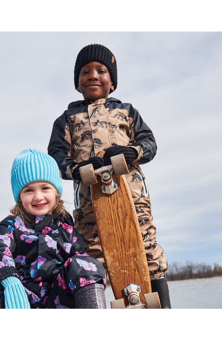 Deux par Deux Boy's Printed Mid-Season One-Piece Outerwear Black Dinosaur On Beige Background, Alternate, color, 