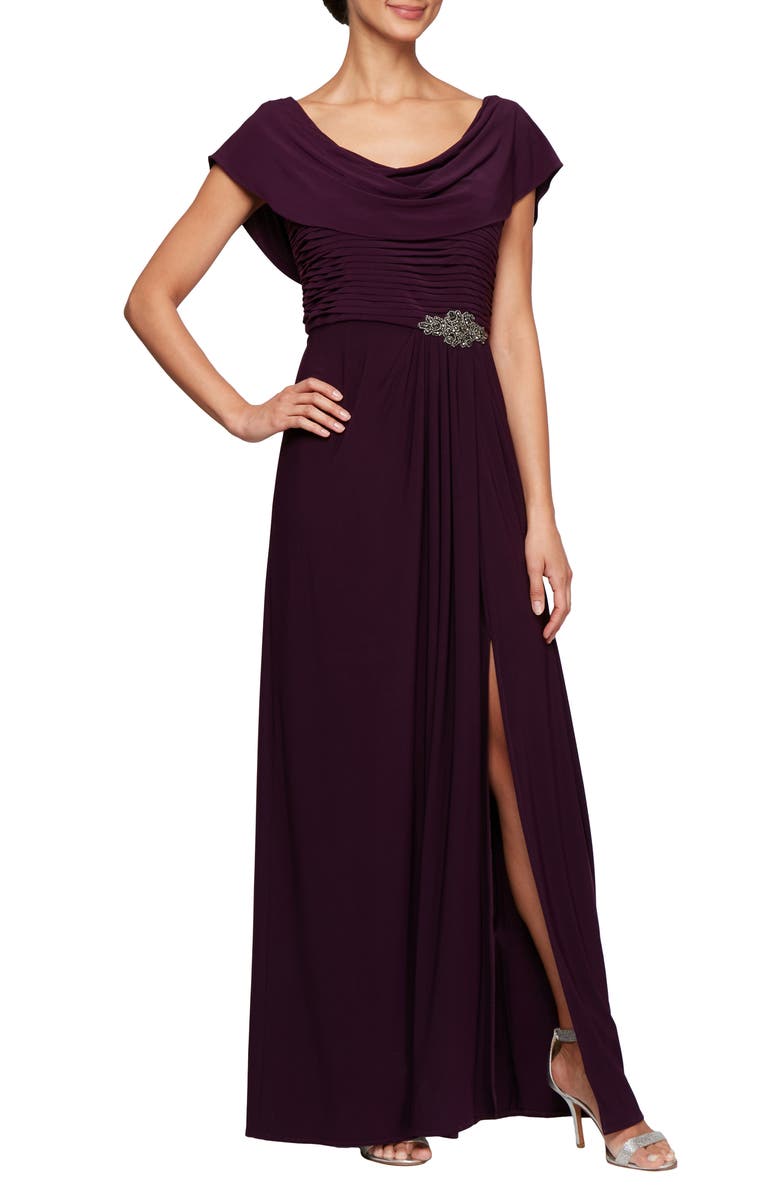 Alex Evenings Cowl Neck Beaded Waist Gown, Main, color, Eggplant