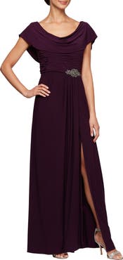 Alex Evenings Cowl Neck Beaded Waist Gown