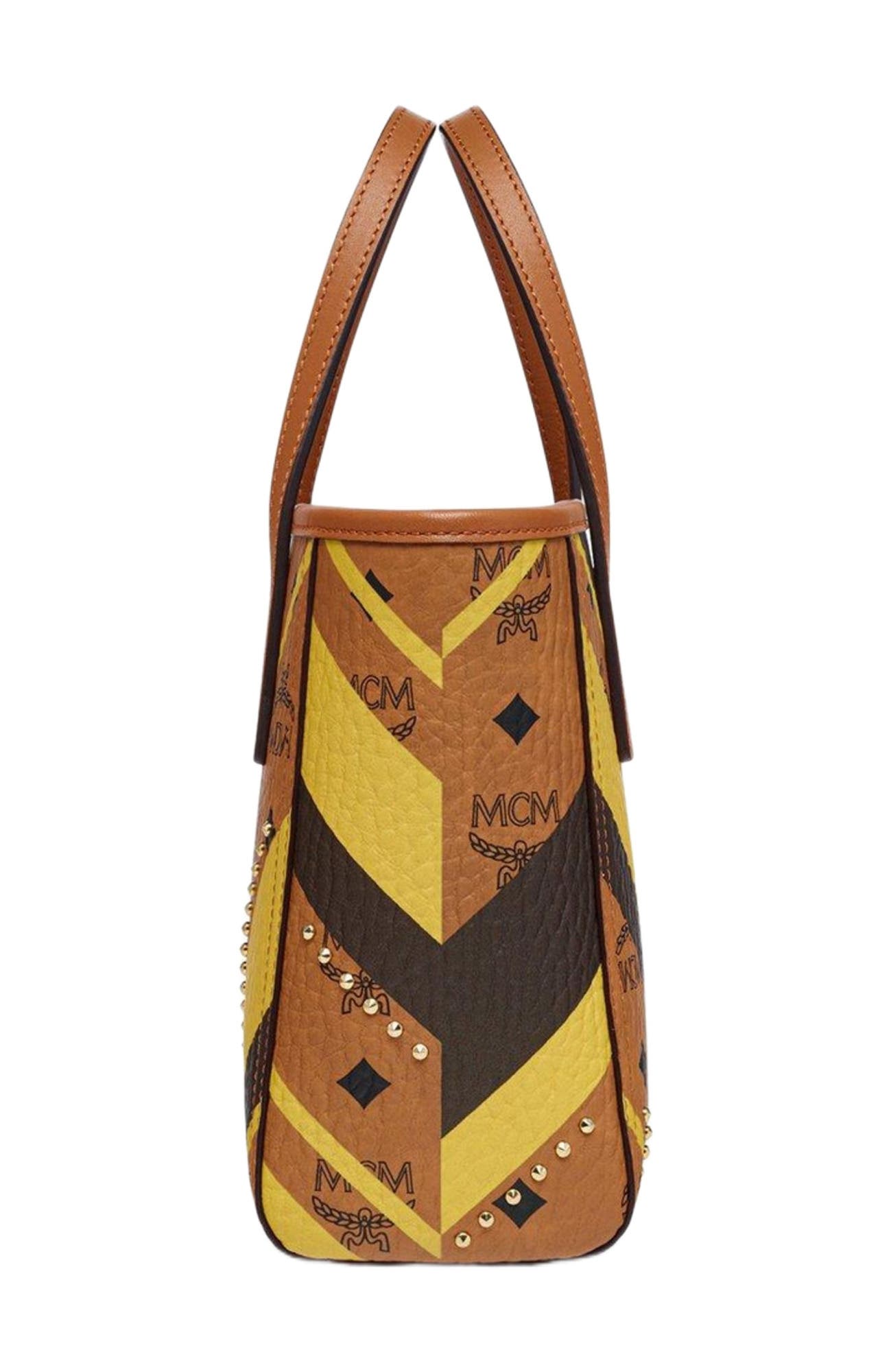 MCM Studded Toni Top-Zip Shopper in Mega Herringbone Visetos, Alternate, color, Cognac