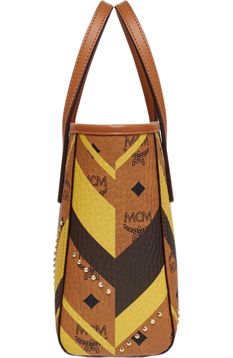 MCM Studded Toni Top-Zip Shopper in Mega Herringbone Visetos, Alternate, color, Cognac