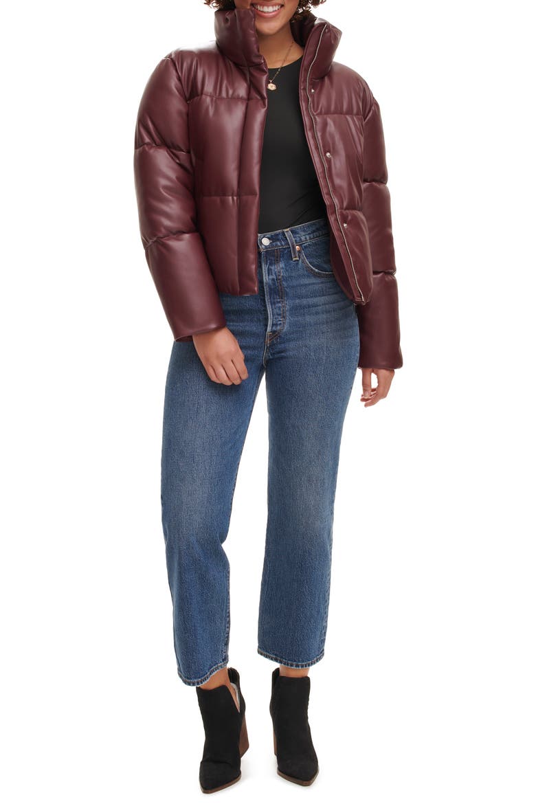 Water Resistant Faux Leather Puffer Jacket, Alternate, color, CHOCOLATE BROWN