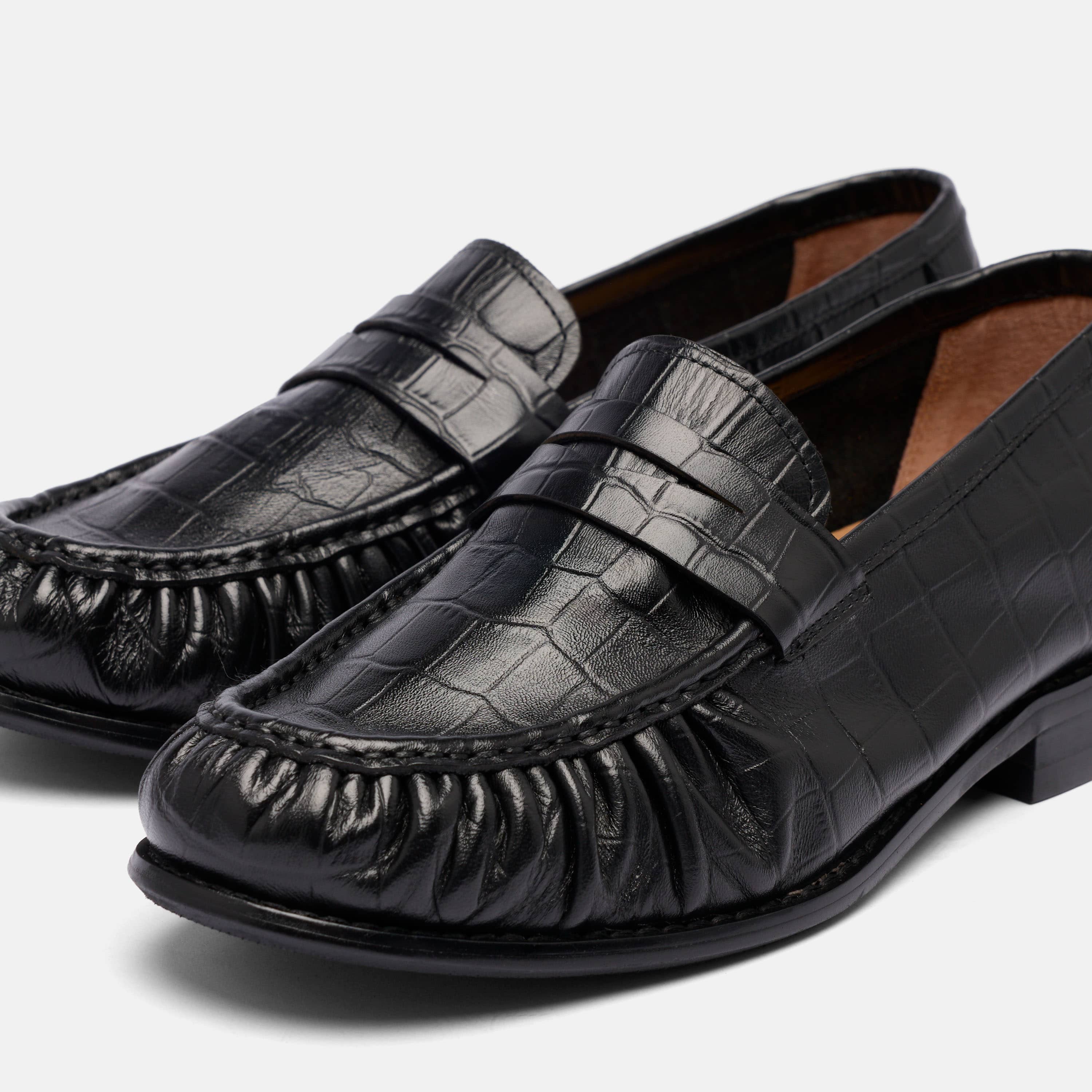 Kennedy Embossed Pleated Penny Loafer, Alternate, color, Black Croc