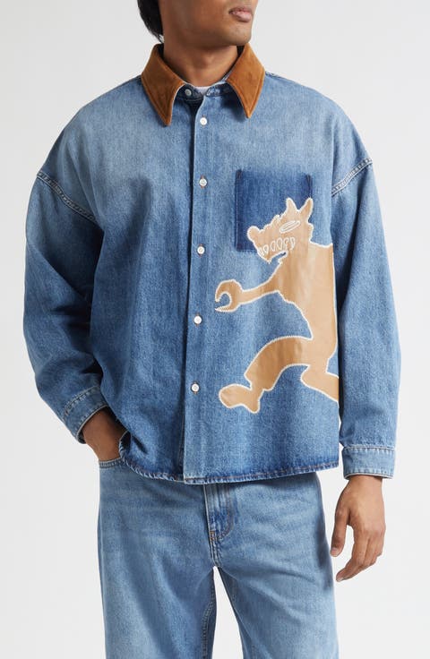 Wolf Appliquè Denim Button-Up Shirt