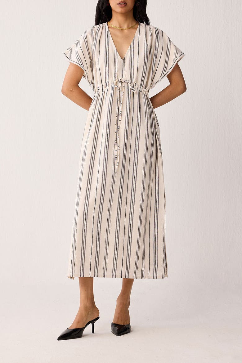 Maxi Gathered Dress with Side Slits in Stripes, Main, color, Linear Canvas
