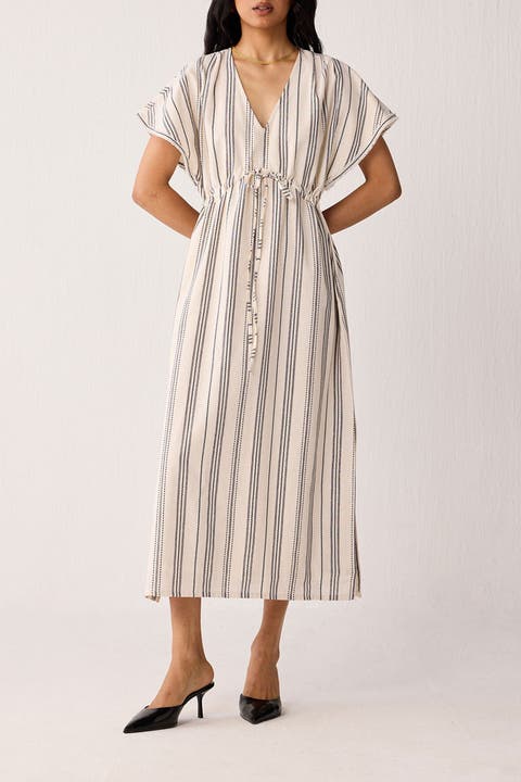 Maxi Gathered Dress with Side Slits in Stripes
