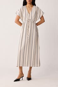 Reistor Maxi Gathered Dress with Side Slits in Stripes