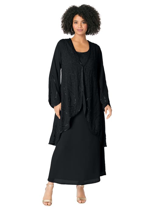 Plus Size 2 Piece Long Sleeve Beaded Georgette Gown Set With Detachable Jacket