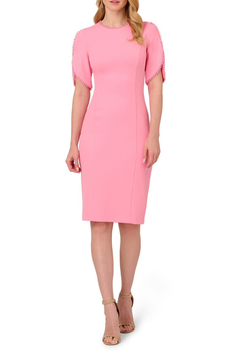 Imitation Pearl Detail Crepe Sheath Dress, Main, color, CHERRY BLOSSOM