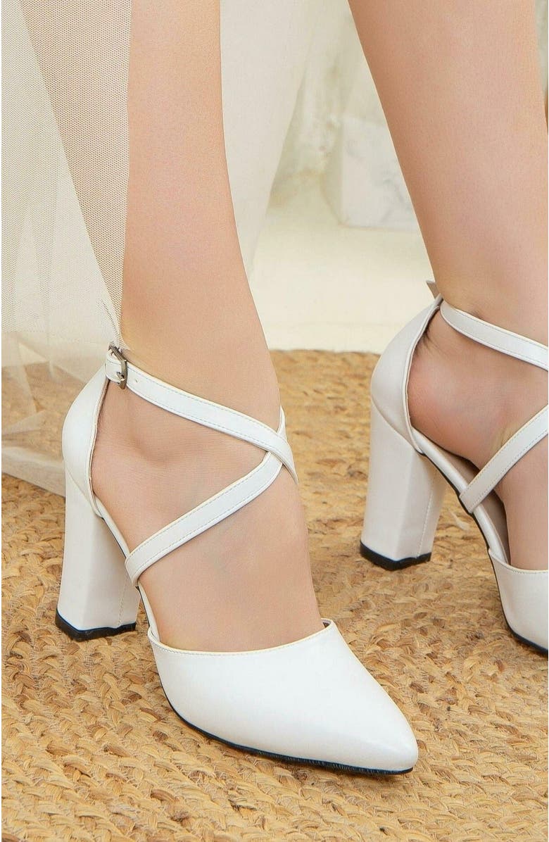 Forever & Always Shoes Sina Criss Cross High Block Heels, Alternate, color, White