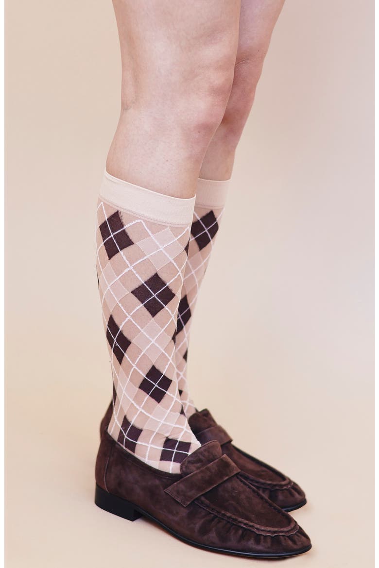 Constance Argyle Print Dress Socks, Alternate, color, BROWN