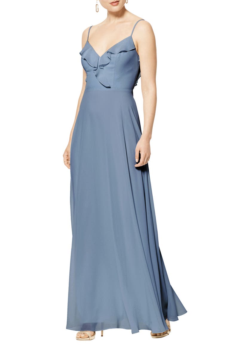 Lattice V-Back Chiffon Gown, Main, color, SLATE