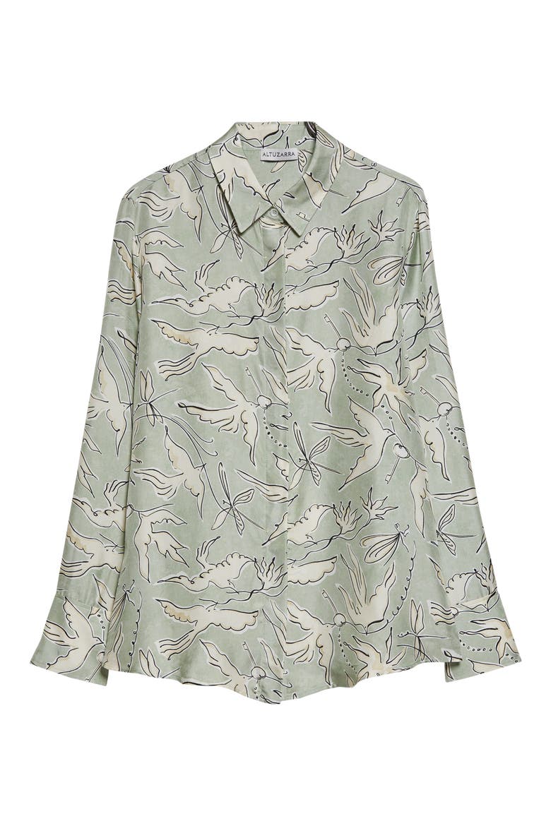 Chika Bird Print Silk Button-Up Shirt, Alternate, color, 378398 DESERT SAGE BIRD