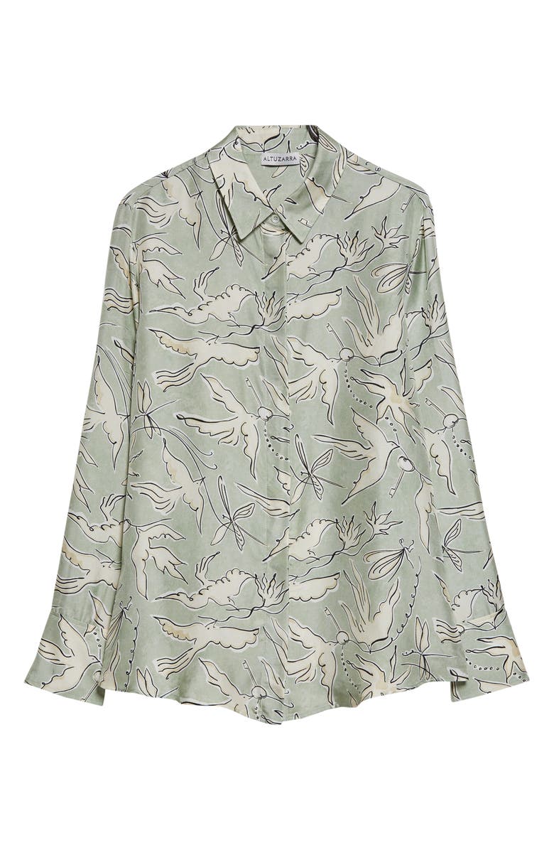 Altuzarra Chika Bird Print Silk Button-Up Shirt, Main, color, 378398 Desert Sage Bird