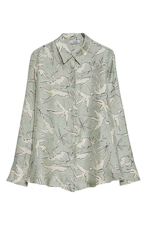Chika Bird Print Silk Button-Up Shirt