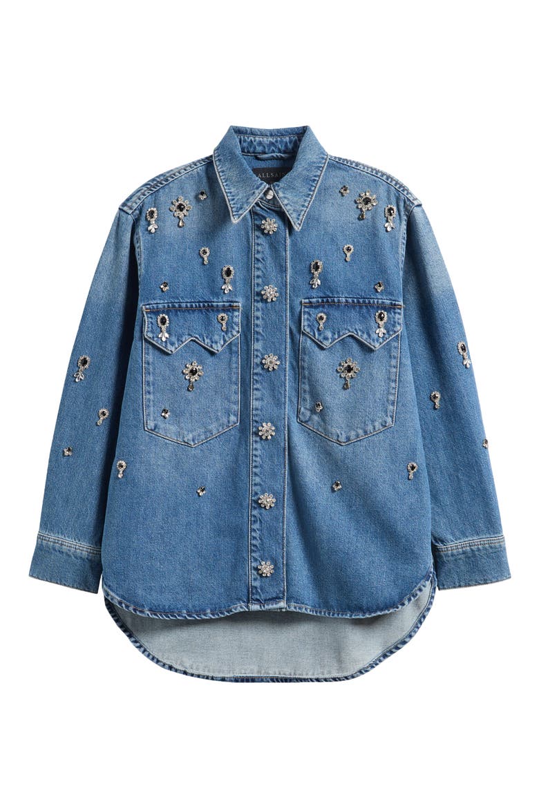 Enna Embellished Denim Snap-Up Shirt, Alternate, color, VINTAGE INDIGO