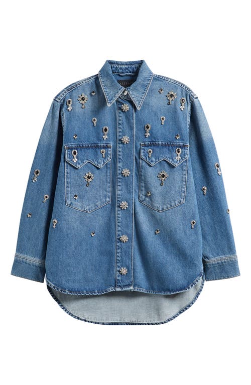 Allsaints Enna Embellished Denim Snap-up Shirt In Blue