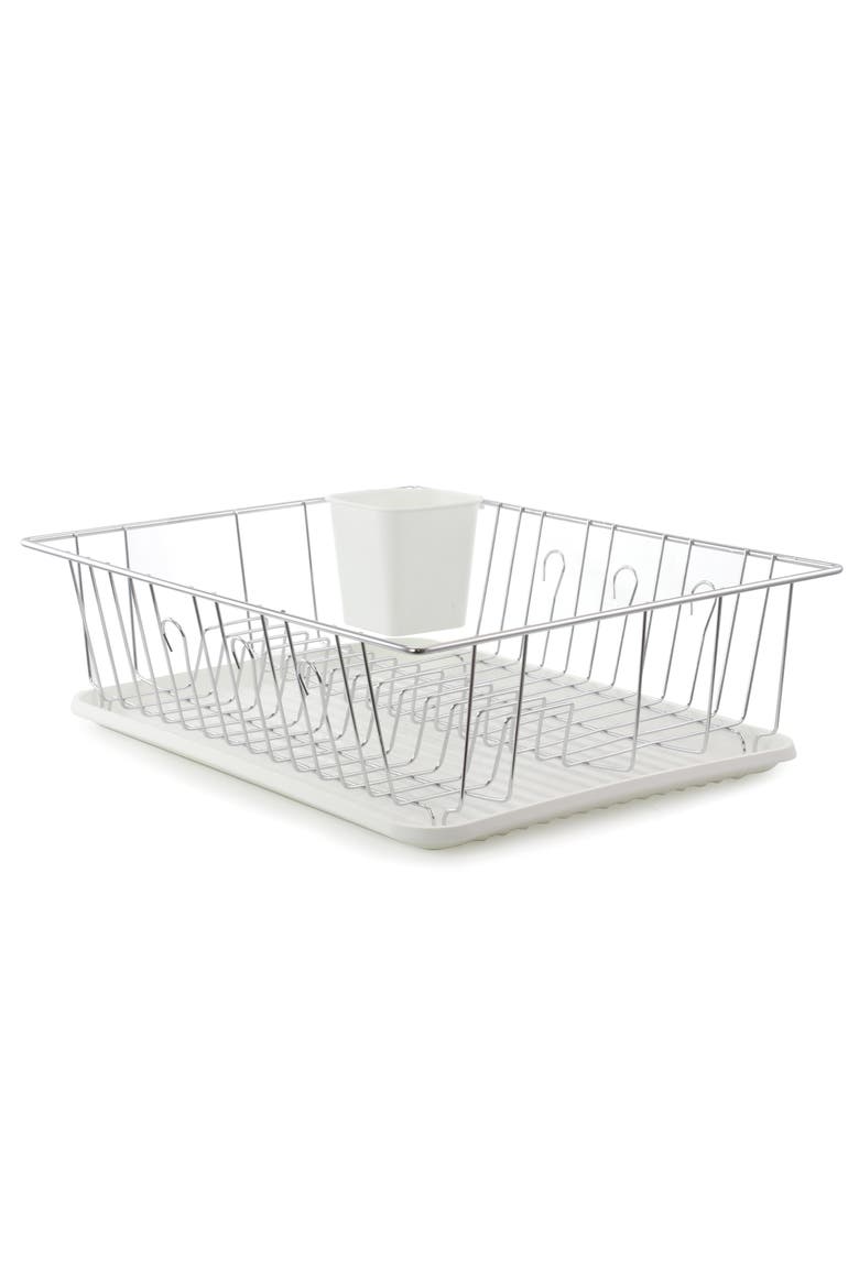 16-Inch Dish Rack in White with Cutlery Holder, Main, color, Silver