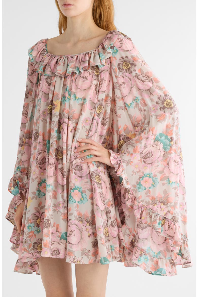 Bouquet Print Long Sleeve Silk Crêpe de Chine Minidress, Alternate, color, MUDDY GREY