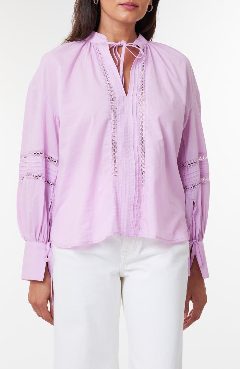 Scotch & Soda Lace Inset Tie Neck Cotton Top, Main, color, Light Iris Pink