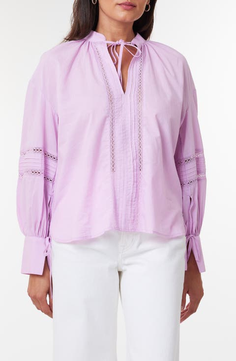 Lace Inset Tie Neck Cotton Top