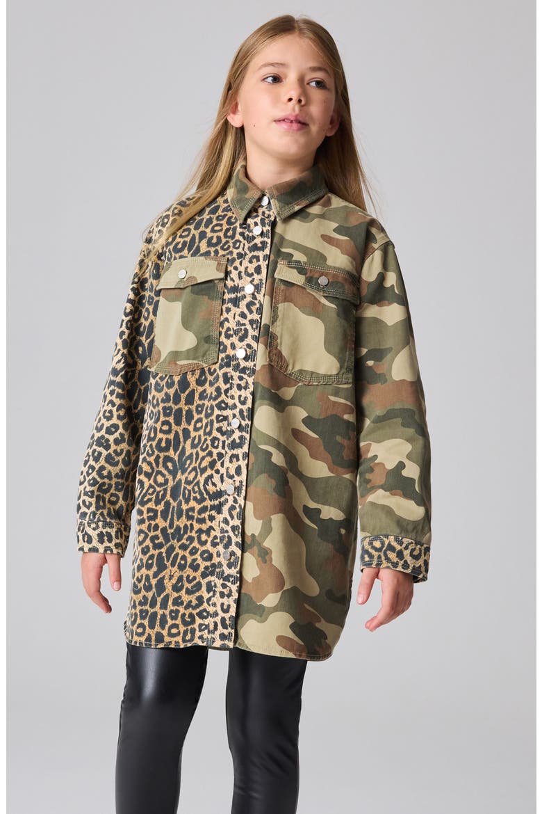 Kids' Leopard & Camo Print Denim Shacket, Alternate, color, BLACK