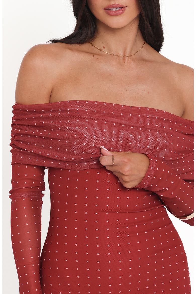 Zeva Off the Shoulder Long Sleeve Mesh Maxi Dress, Alternate, color, BURGUNDY SPOT
