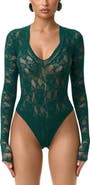 Naked Wardrobe Deep V-Neck Long Sleeve Lace Bodysuit