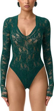 Naked Wardrobe Deep V-Neck Long Sleeve Lace Bodysuit
