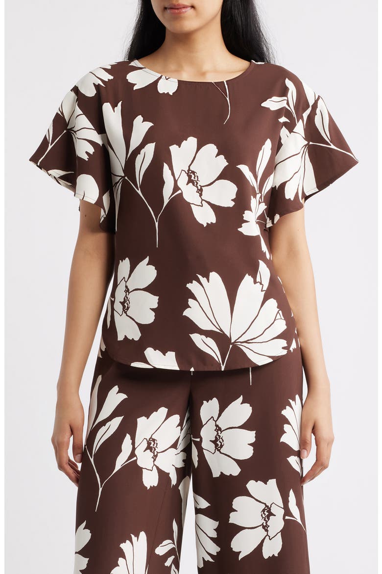 Floral Flutter Sleeve Top, Main, color, DARK CHOCLATE/ WHTE