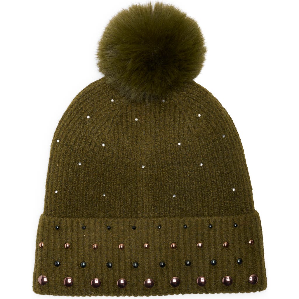 Bcbg Studded Faux Fur Pompom Beanie In Green